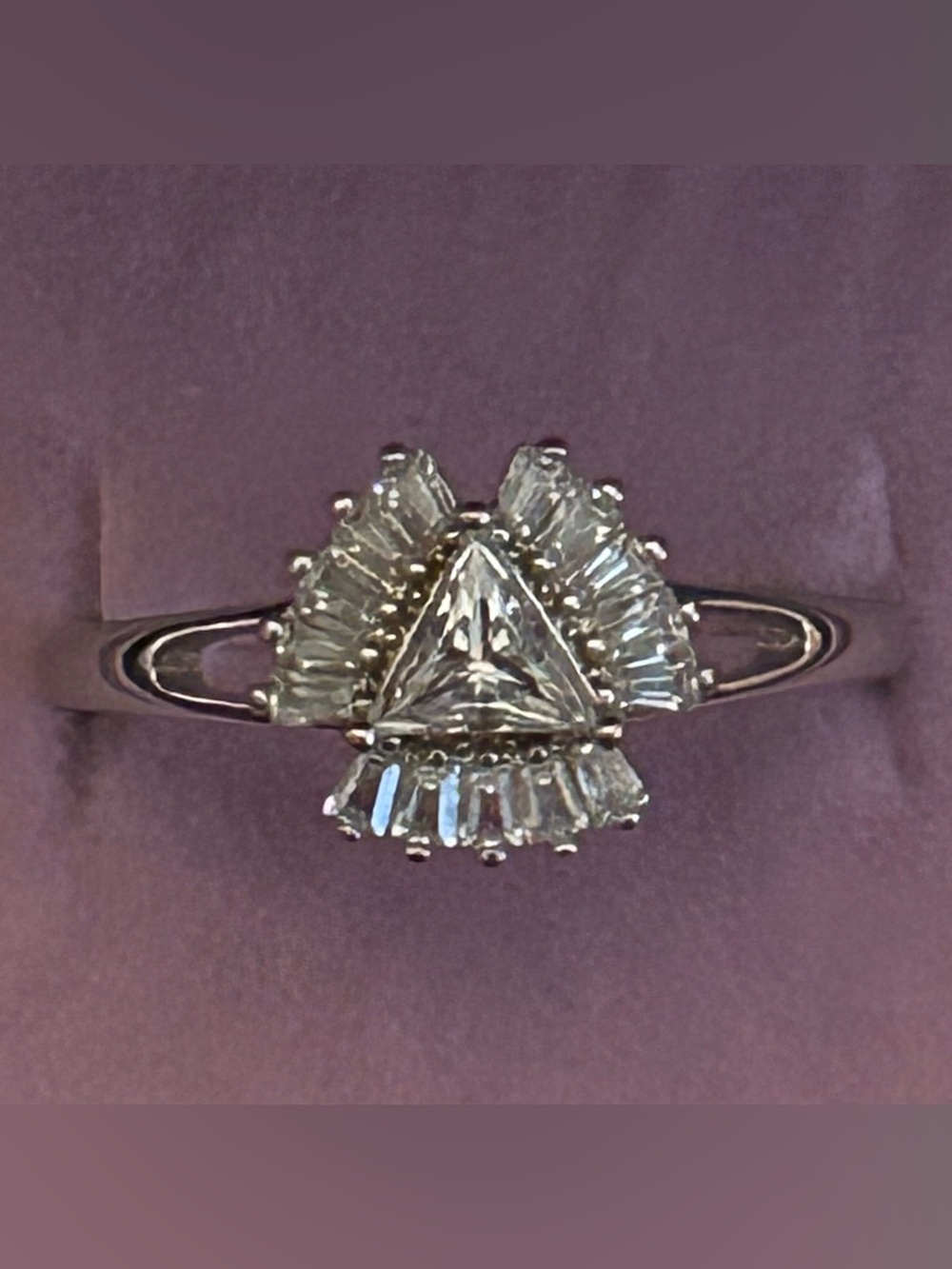 Triangular & Baguette Cut Halo Moissanite Ring in Sterling Silver Size 8.50